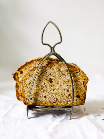 Gluten-free bread in a toast rack, front view.