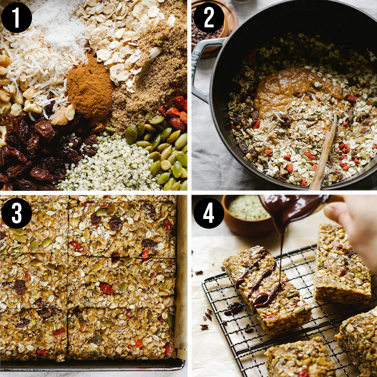 Granola bars steps 1 to 4, dry ingredients, mixing, sliced bars, drizzling with chocolate.
