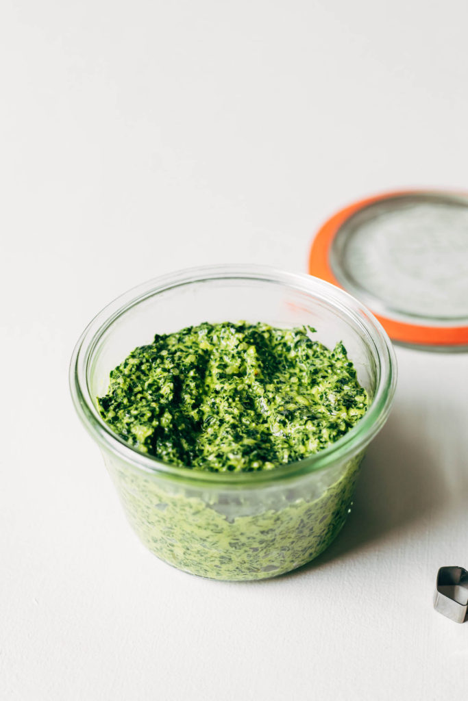 Close up of kale pesto in a Weck jar