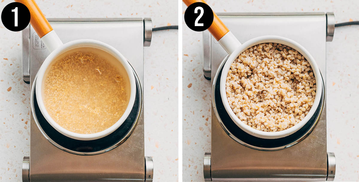 Barley cooked on the stovetop steps 1 and 2, before and after cooking.