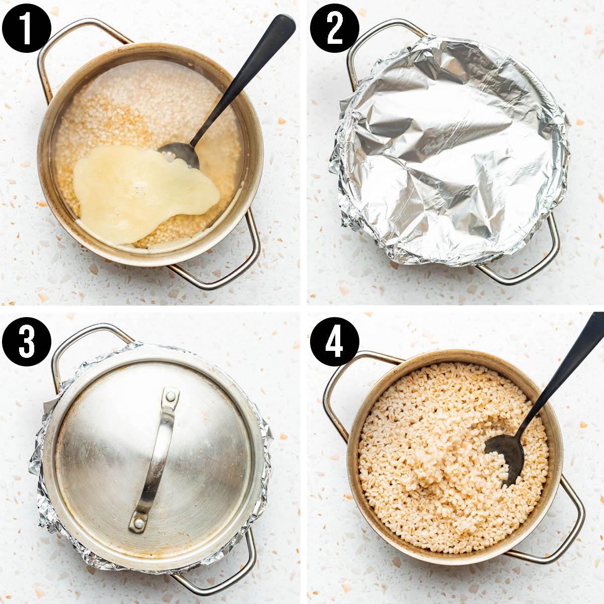 Cooking barley in the oven, steps 1 to 4, uncooked, covered, and cooked.