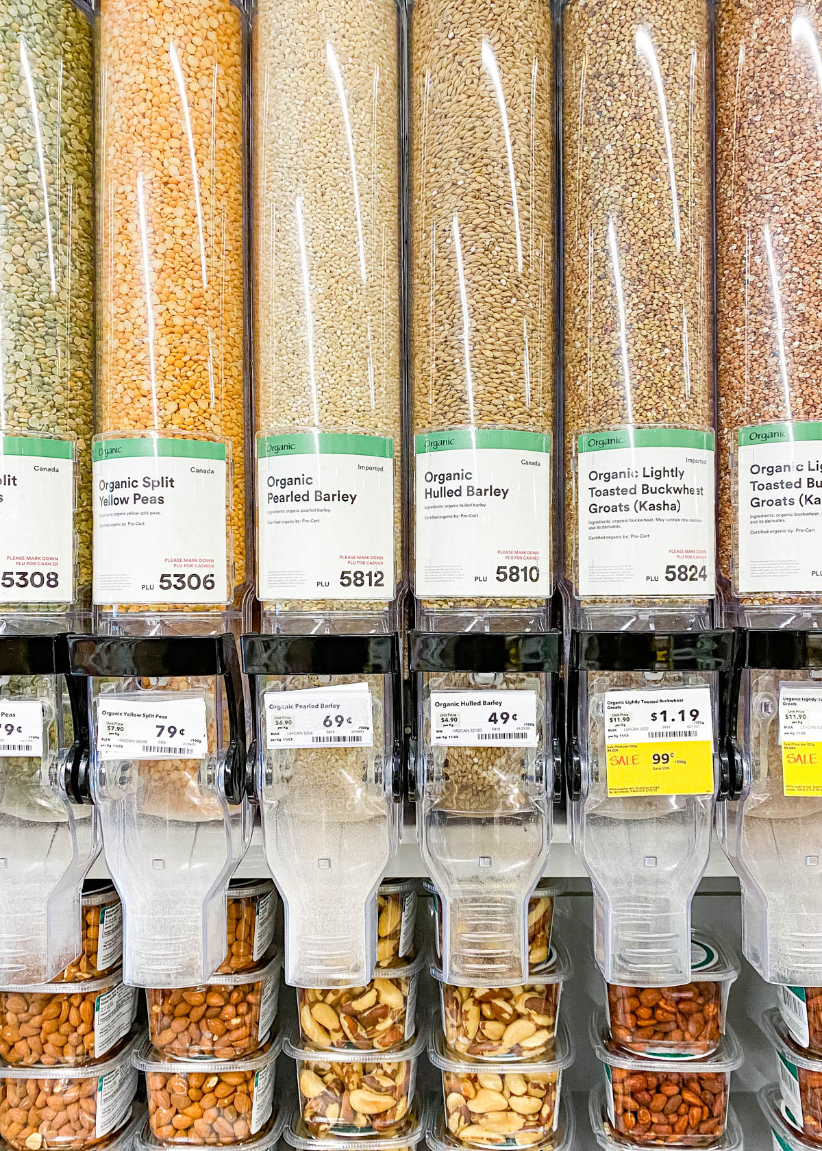 Bulk section of a grocery store showing barley in a hopper.