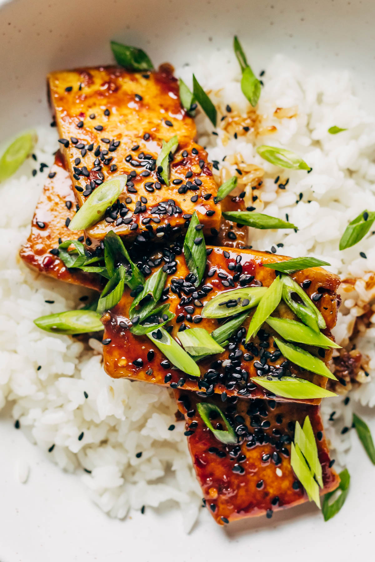 Close up pf sticky teriyaki on white rice with green onions and black sesame seeds.