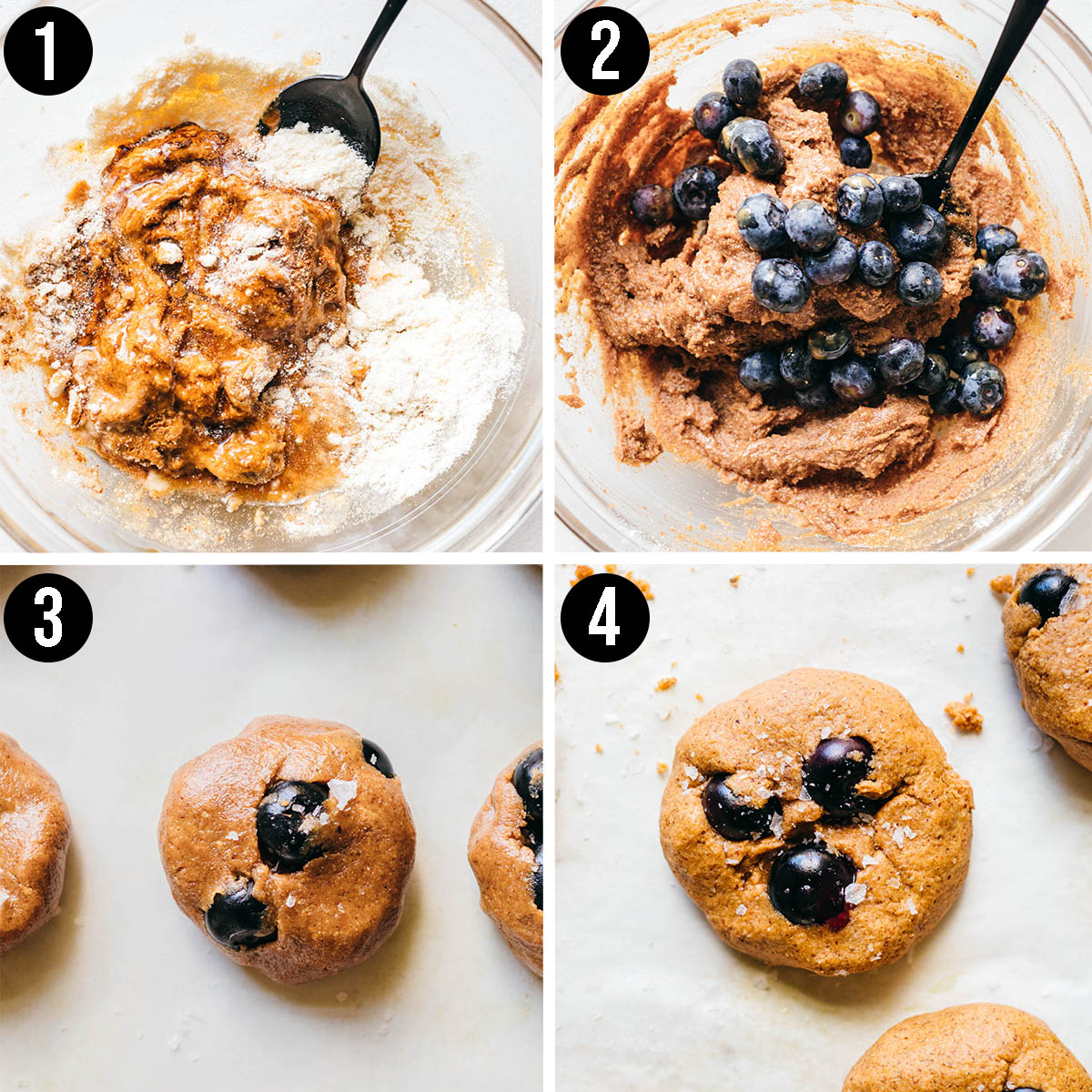 Blueberry cookies steps 1 to 4, mixing the batter and baking the cookies.