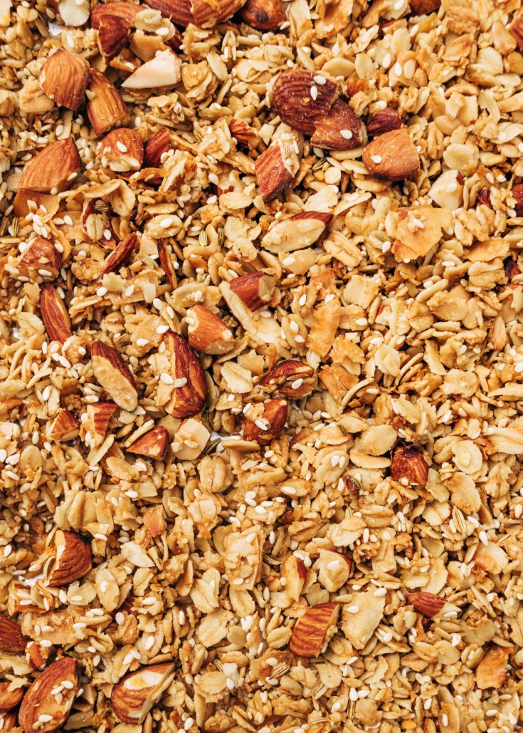 close up of granola with chopped almonds