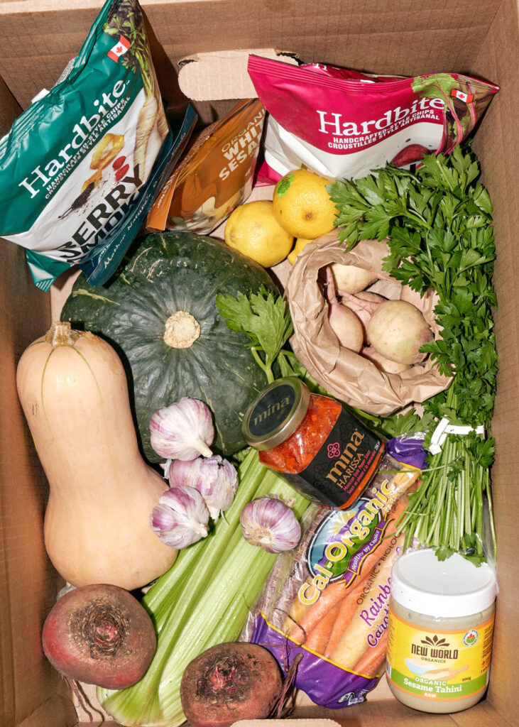 A box of all the ingredients needed to make butternut squash harissa dip