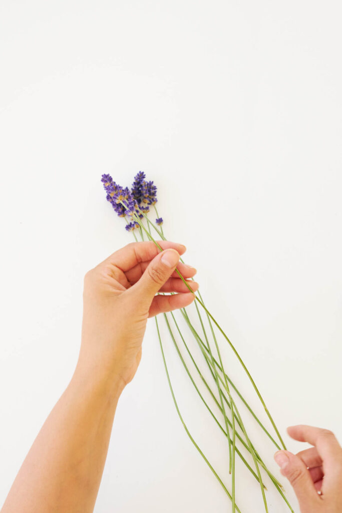 A homemade lavender wand made with fresh lavender