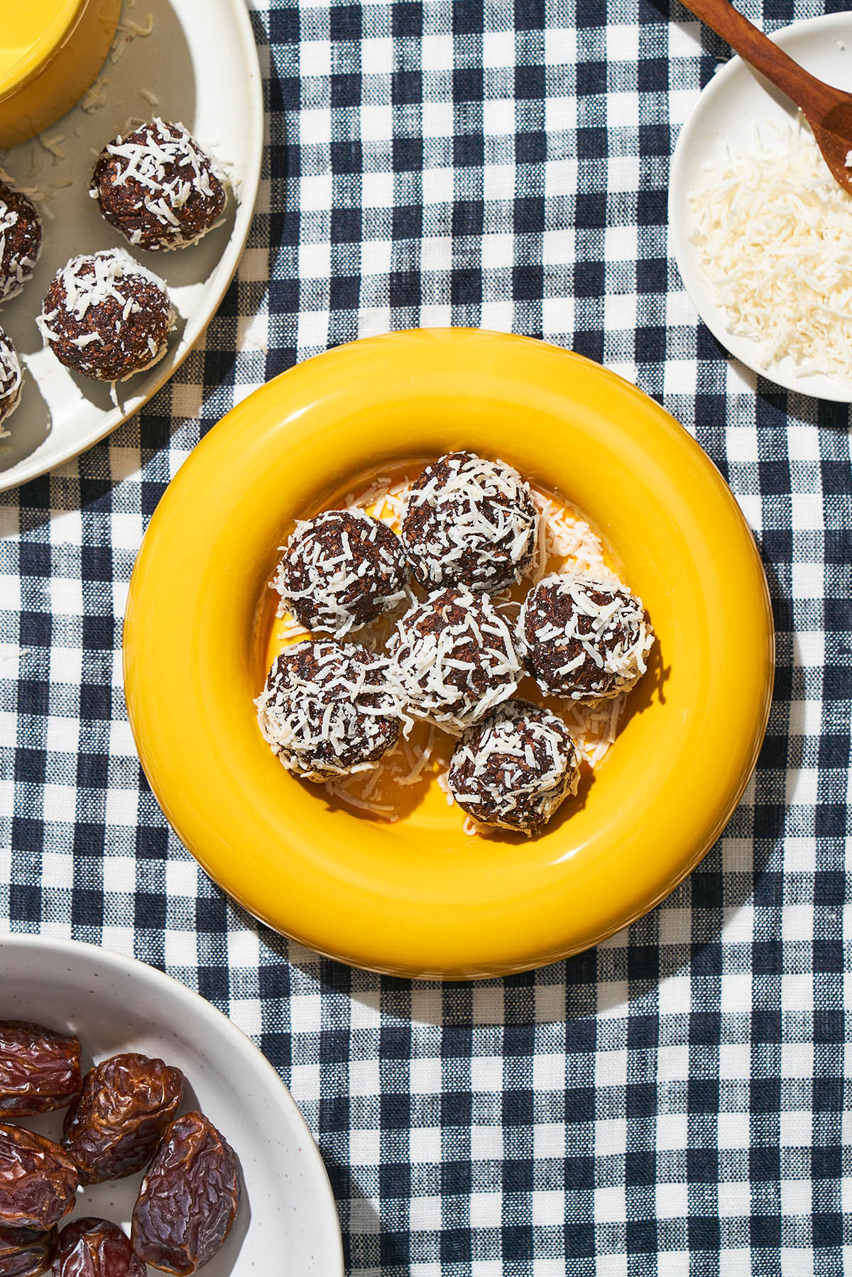 Chocolate balls rolled in coconut on a picnic blanket.