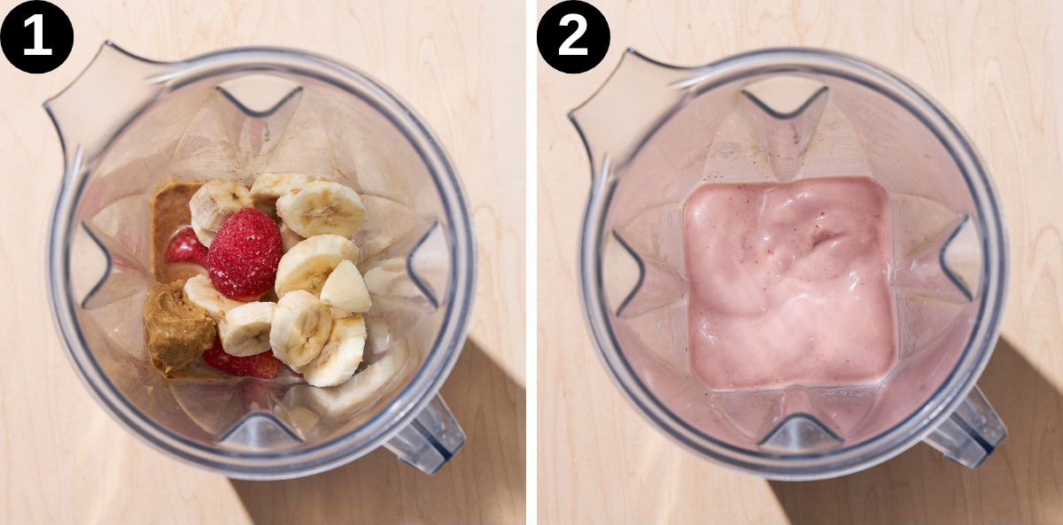 Strawberry banana smoothie steps 1 and 2.