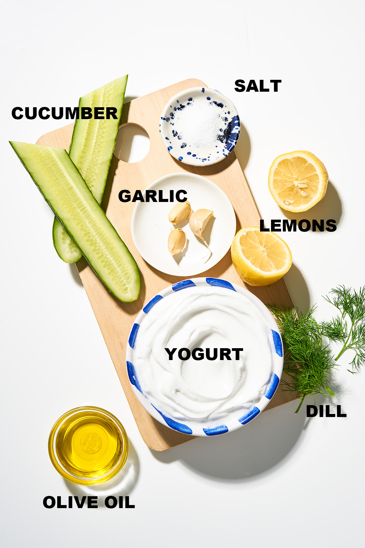 Vegan tzatziki ingredients with labels.