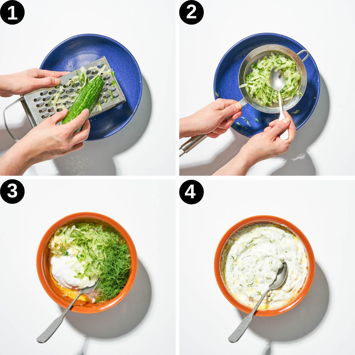 Tzatziki steps 1 to 4.