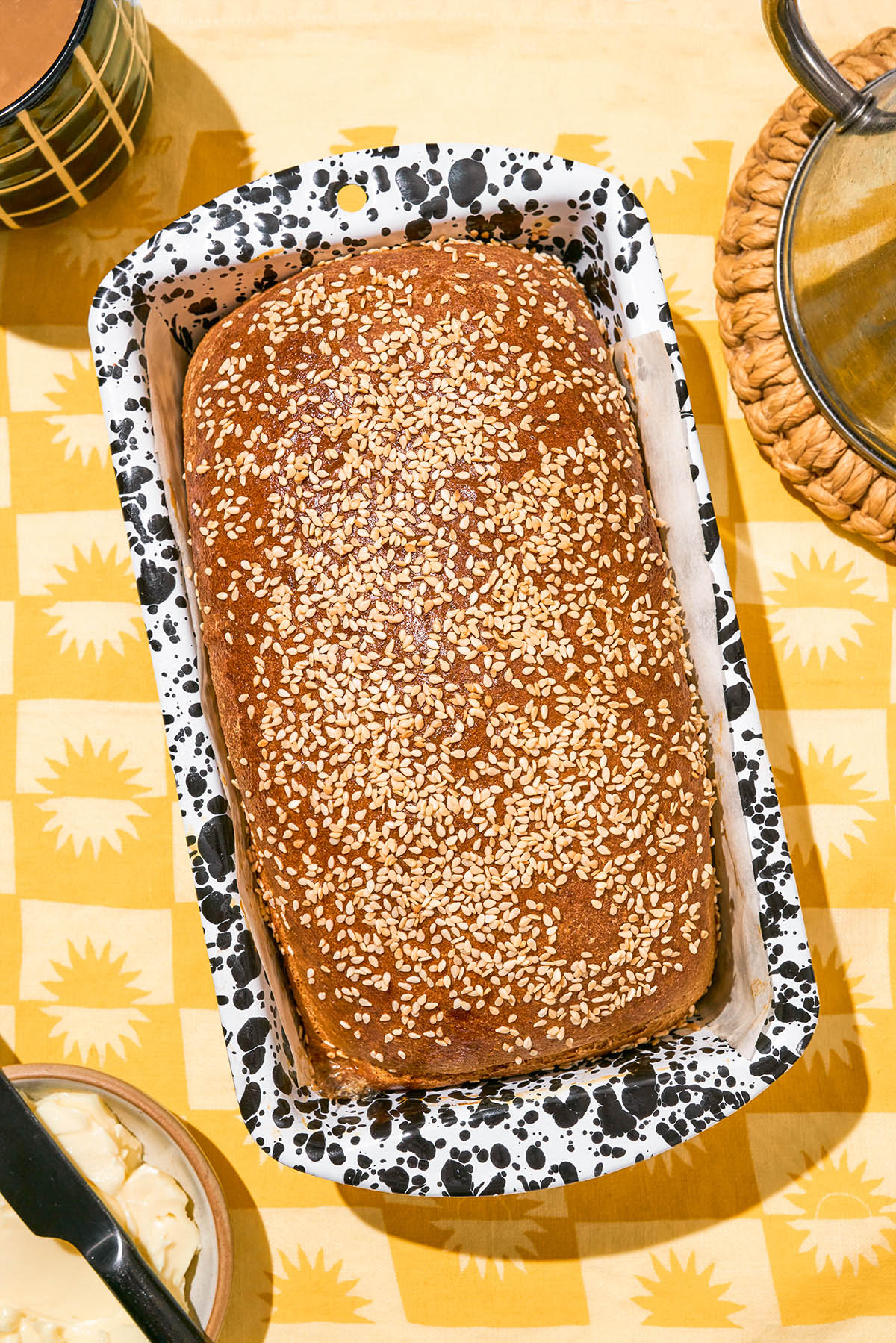 Sandwich bread loaf in the baking tin.