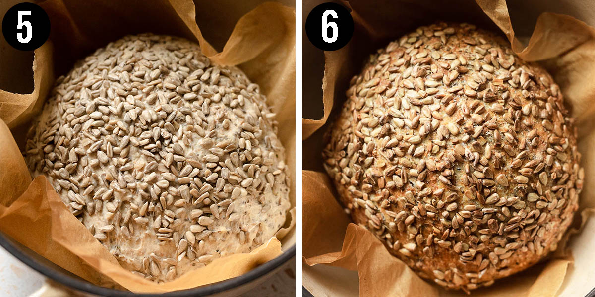Baking seed bread, steps 5 and 6, before and after baking.