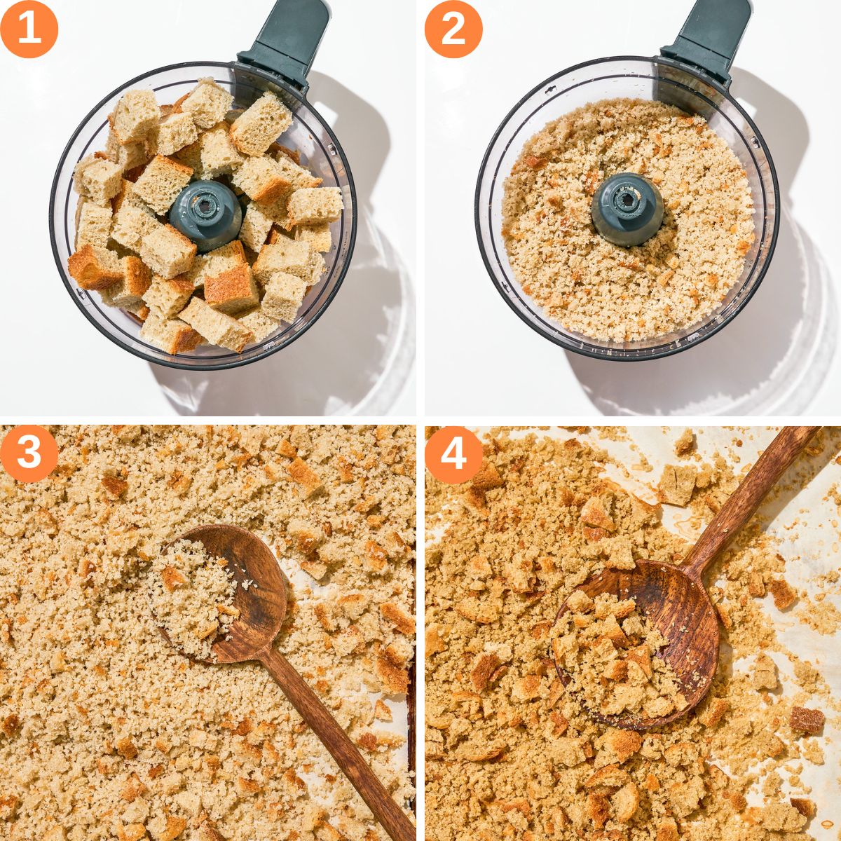 Steps 1 to 4, making bread crumbs in a food processor.
