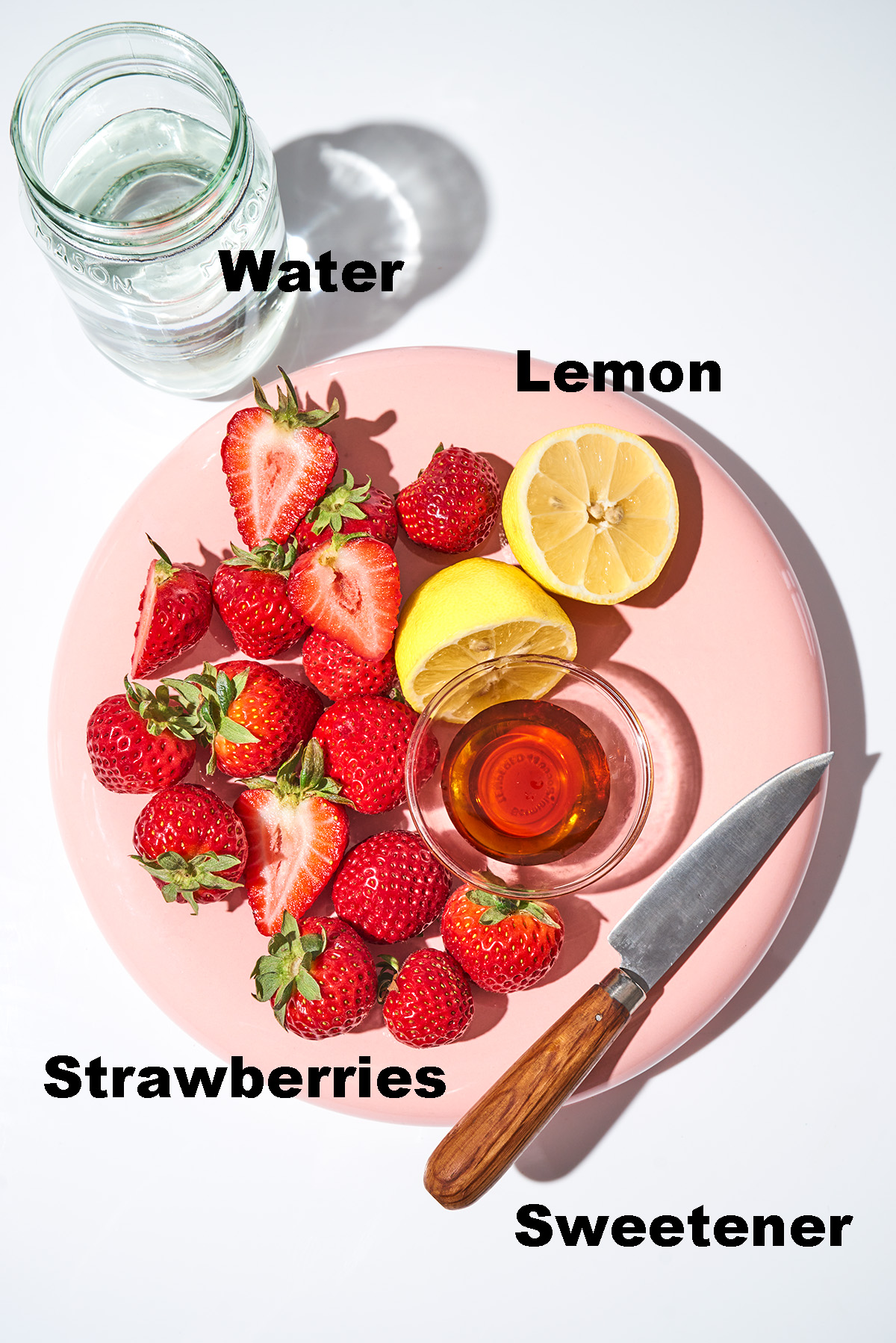 Strawberry juice ingredients with labels.