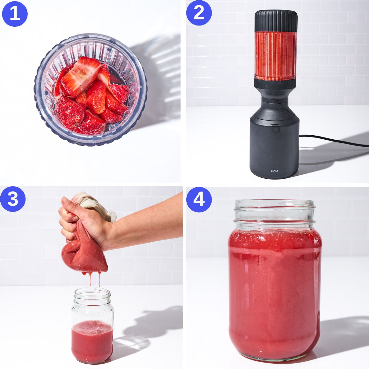 Fresh strawberry juice steps 1 to 4, blending and straining.