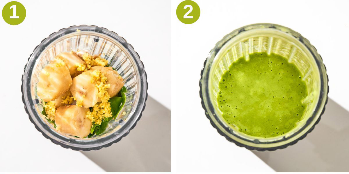 Mango spinach smoothie steps 1 and 2, ingredients and blended.