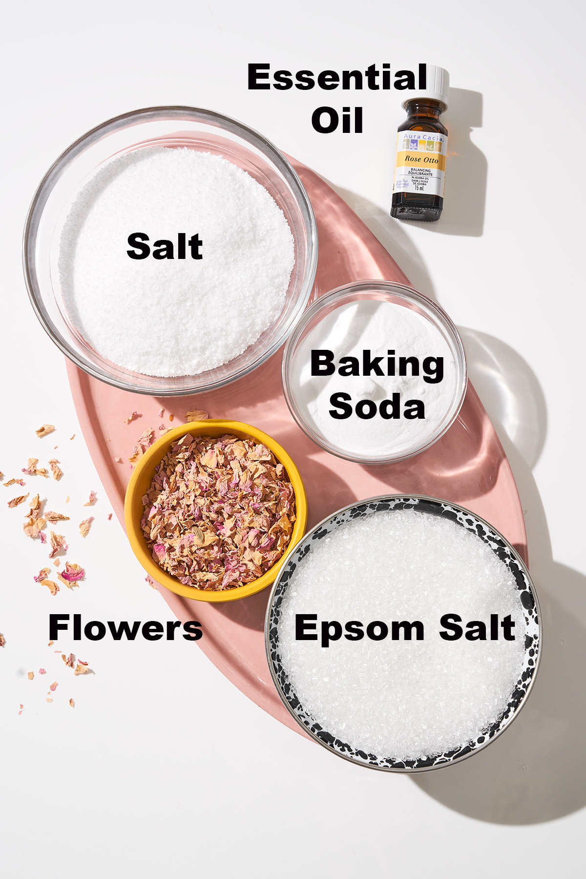 Bath salts ingredients with labels.