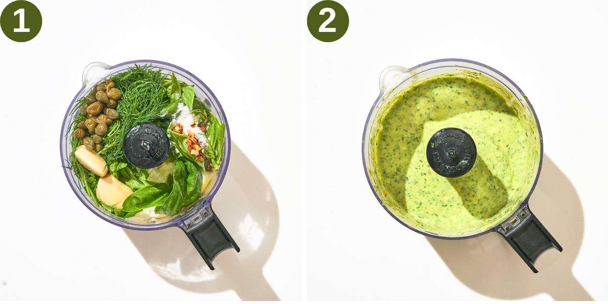 Green goddess dip steps 1 and 2, before and after blending.