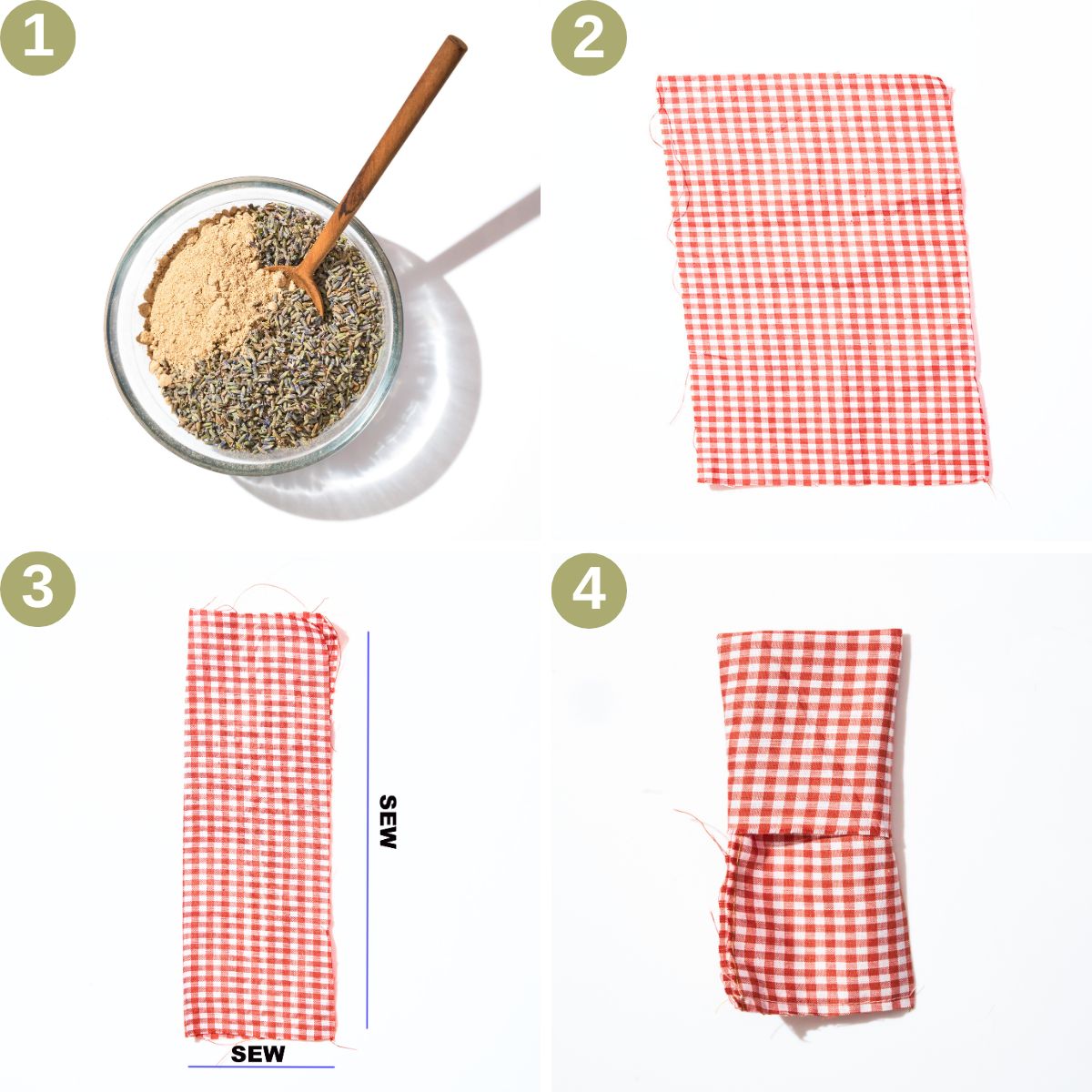 Lavender sachet steps 1 to 4, mixing filling and sewing rectangle.