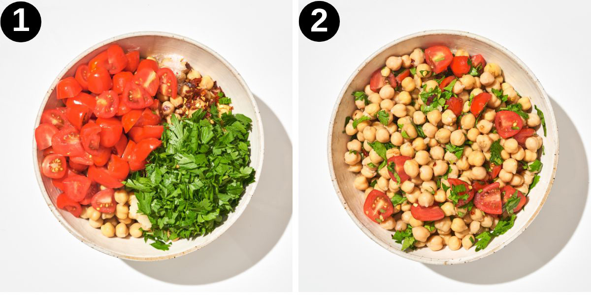 Chickpea salad steps 1 and 2, before and after mixing.