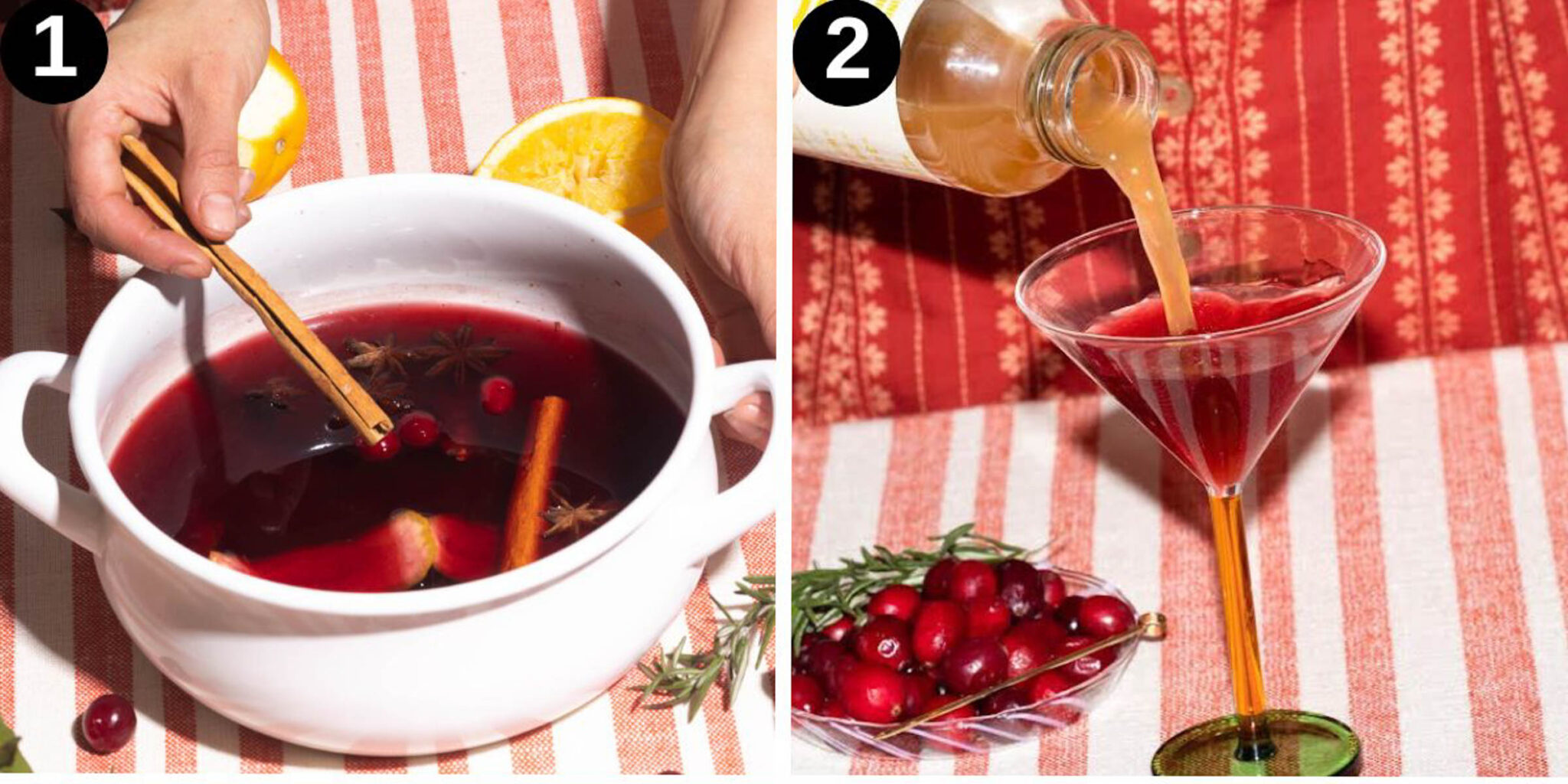 Cranberry drink steps 1 and 2, spices being added to a pot and juice poured into a glass.