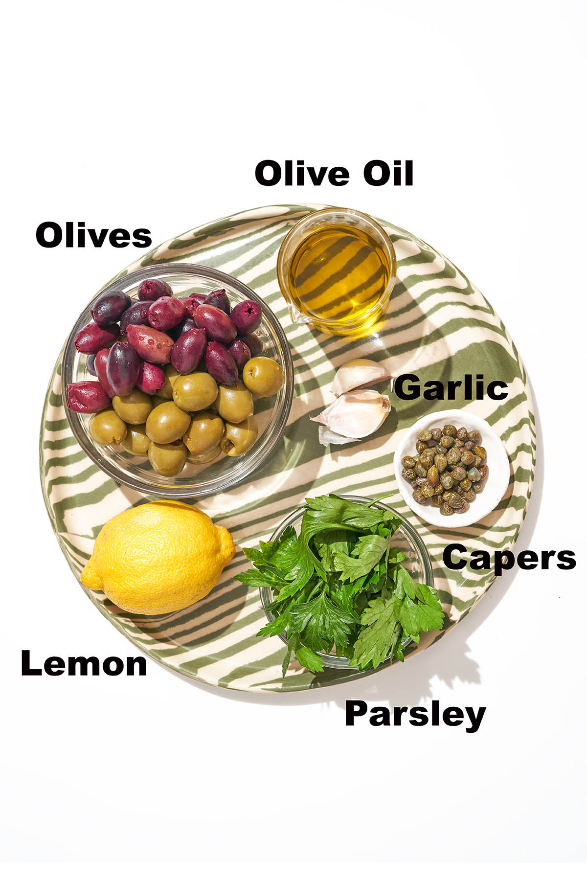 Vegan tapenade ingredients with labels.
