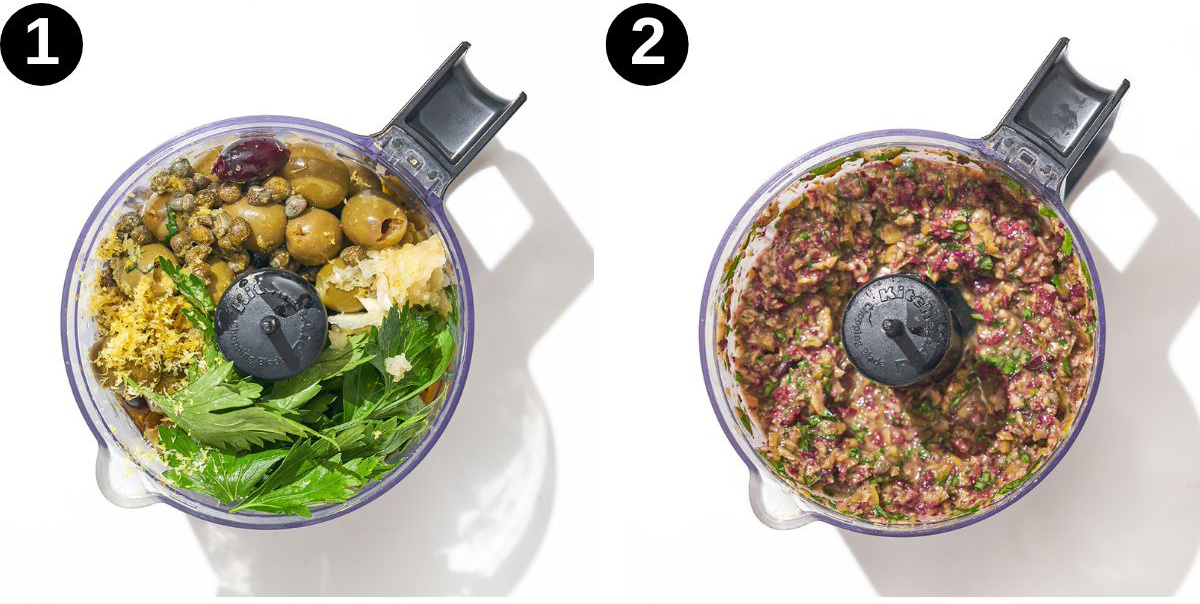 Tapenade steps 1 and 2, before and after mixing.