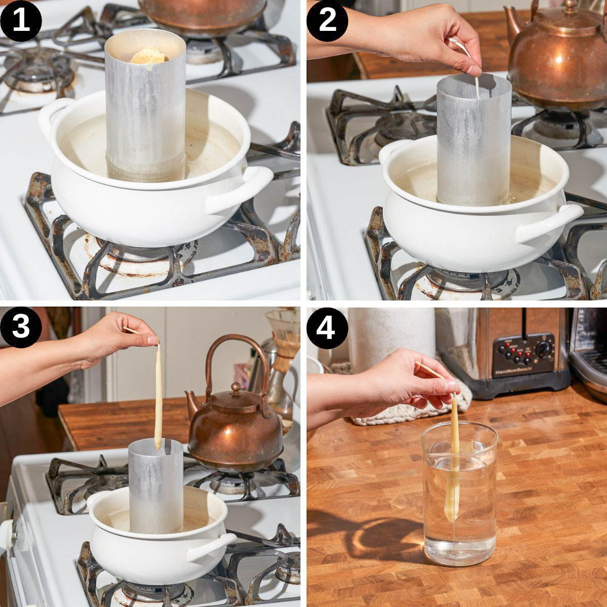 Candles steps 1 to 4, melting the wax, starting to dip, and cooling in water.