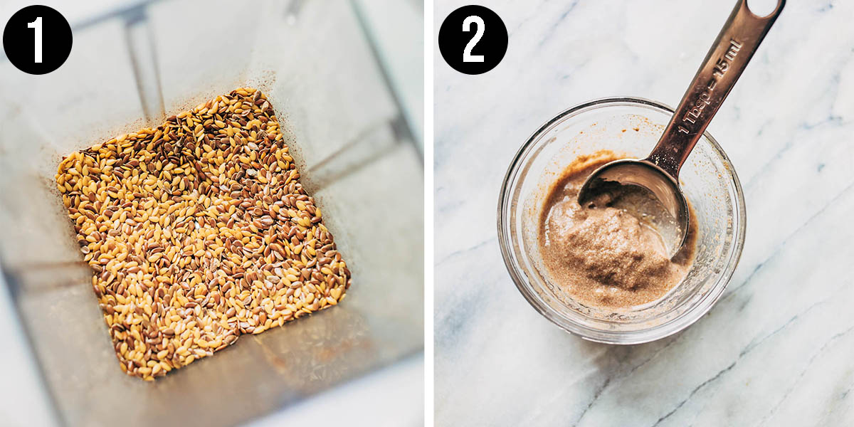 Flax egg steps 1 and 4, grinding flax and mixed egg.