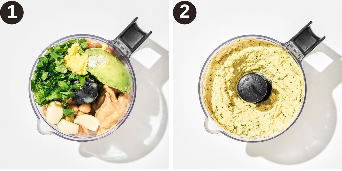 Hummus steps 1 and 2, all ingredients in a food processor before and after mixing.