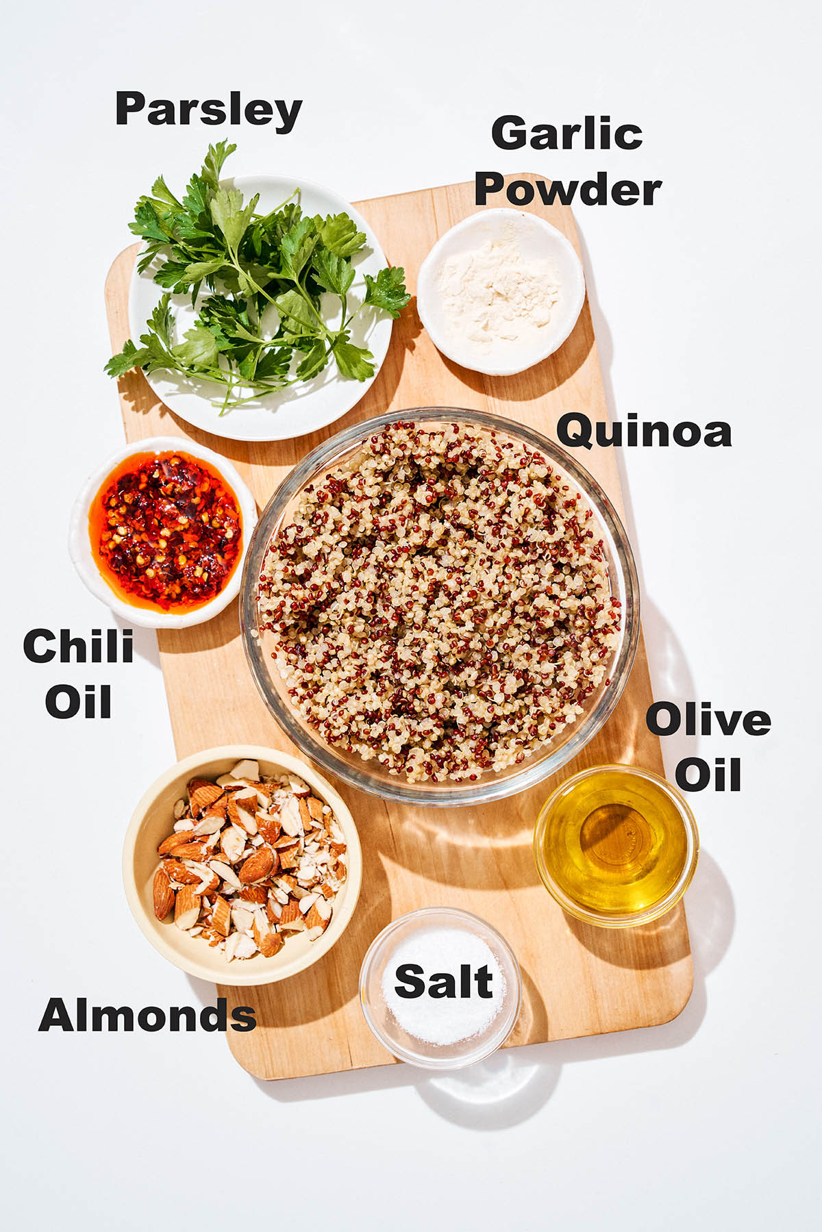 Crispy quinoa ingredients with labels.