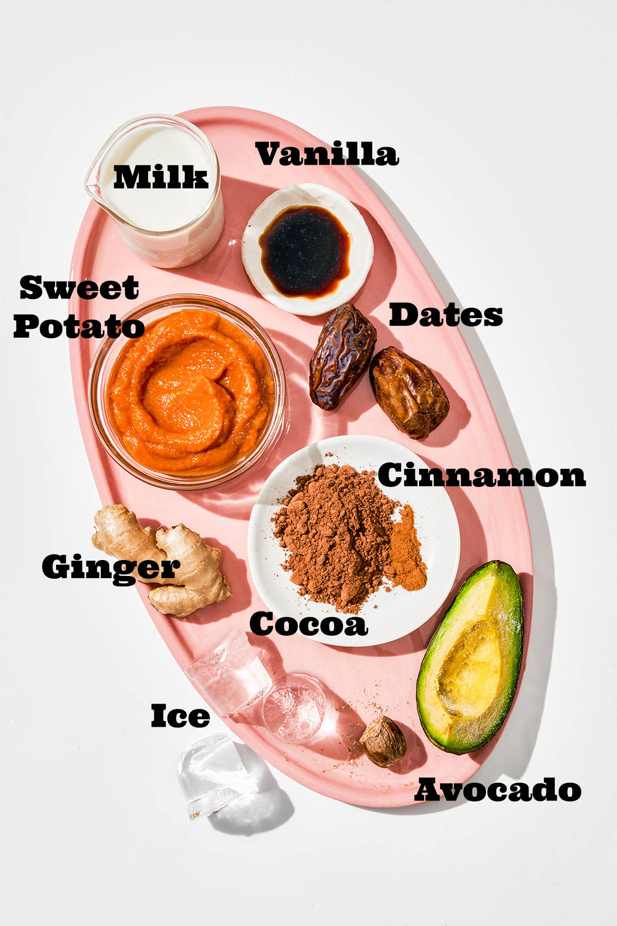 Sweet potato smoothie ingredients with labels.