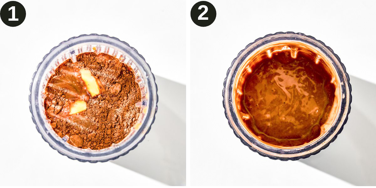 Smoothie steps 1 and 2, before and after blending.